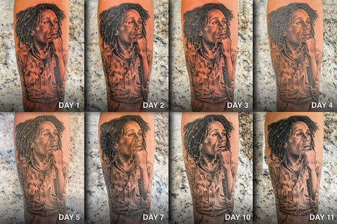 BOB MARLEY HEALING STAGES COLLAGE by maestro tattoo