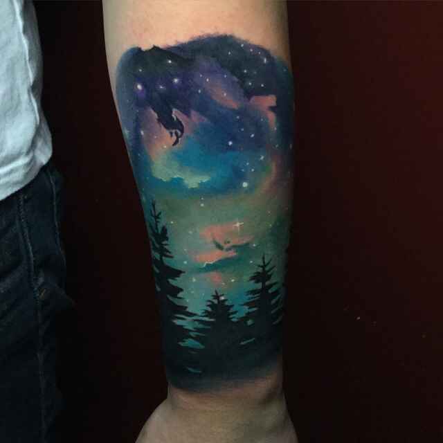 Pine Tree Tattoo Meaning-Night Sky and Pine Tree Tattoo image