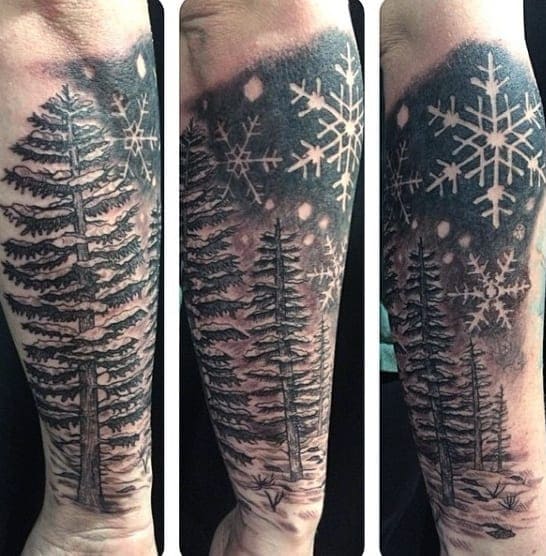 Pine tree Winterscapes with snow tattoo 1 by maestro tattoo