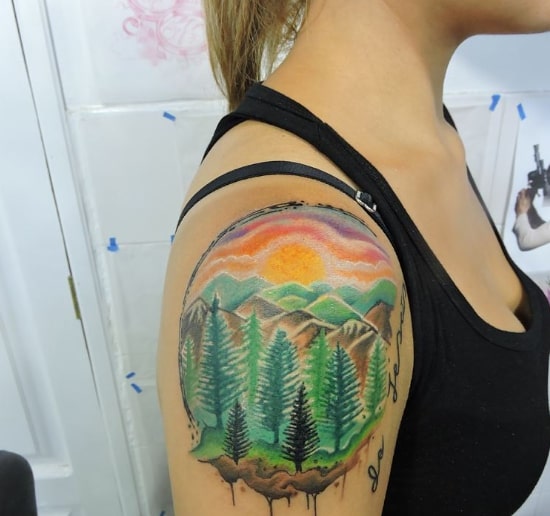 Mountain and Pine Tree Combination tattoo