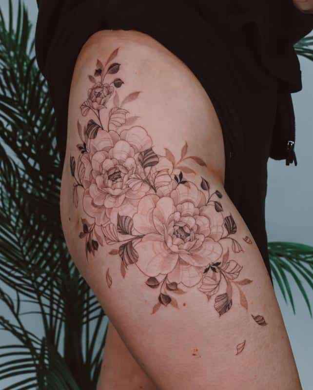 Peony Leg Tattoo 1 1 by maestro tattoo