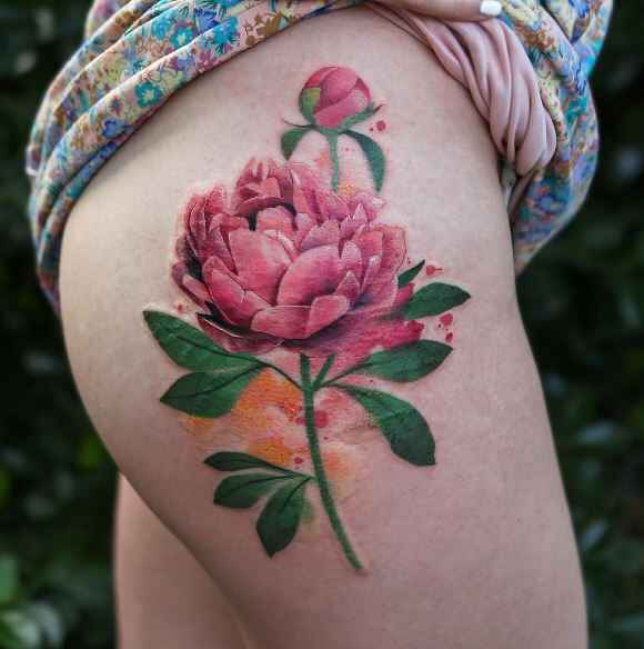 Peony tattoo on the right thigh 1 by maestro tattoo