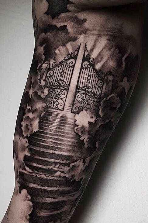 Heavenly gates tattoo on lower legs image